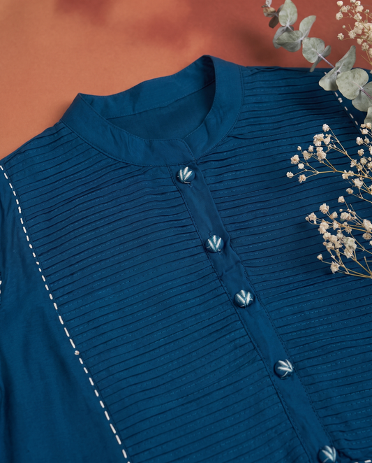 Meher Dhara — deep sea blue glazed cotton co-ord set with sleeve embroidery — Ivory Hues, Indian ethnic wear Singapore