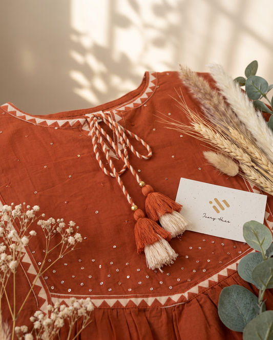 Anokhi Dhoop — rust and ivory cotton suit with embellished neckline borders — Ivory Hues, Indian ethnic wear Singapore