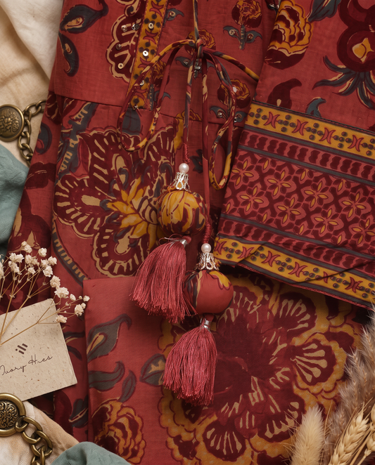 Anokhi Sukun — rust red cotton suit with handblock print and angrakha wrap — Ivory Hues, Indian ethnic wear Singapore