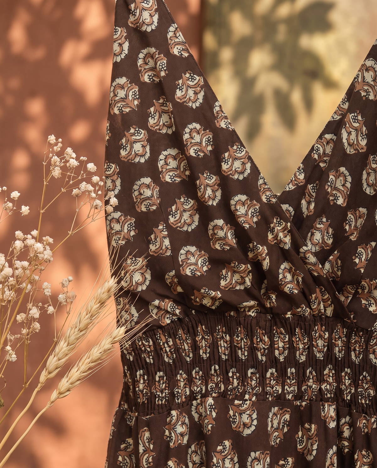 Leher Chaandni — coffee-brown hand block-print dress with strappy shoulders — Ivory Hues, Indian ethnic wear Singapore