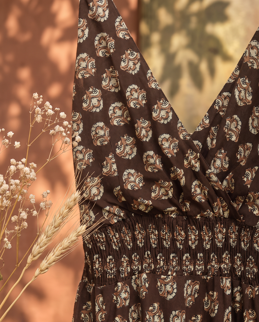 Leher Chaandni — coffee-brown hand block-print dress with strappy shoulders — Ivory Hues, Indian ethnic wear Singapore