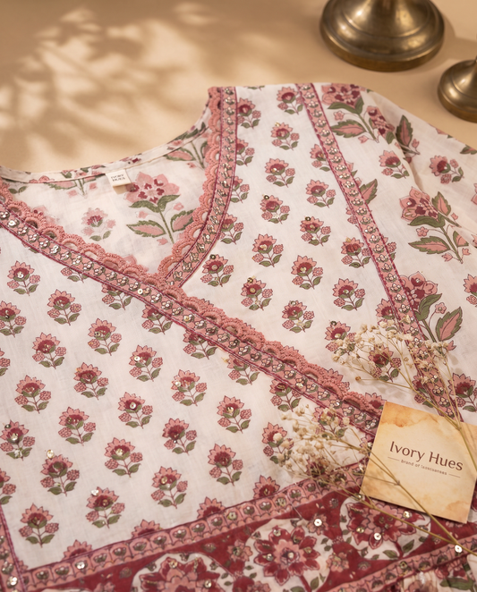 Malhar Saaz — cotton suit with handblock print and beaded tassel yoke — Ivory Hues, Indian ethnic wear Singapore