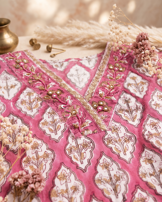 Kota Kainaat Zara — pink Kota doria suit with Mughal-inspired print — Ivory Hues, Indian ethnic wear Singapore
