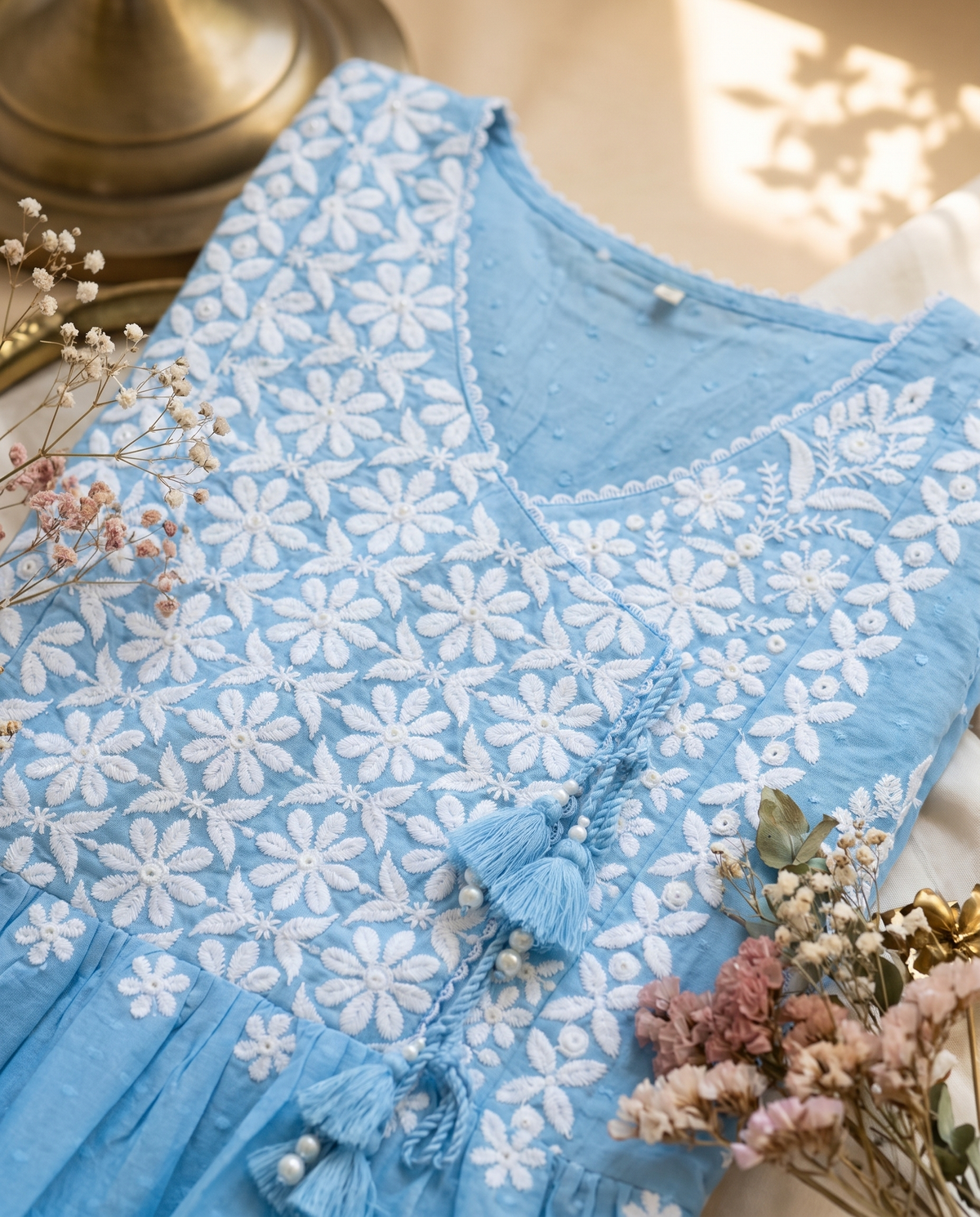 Noor Bahar — chalk blue suit with chikankari embroidery and Kota Doria dupatta — Ivory Hues, Indian ethnic wear Singapore