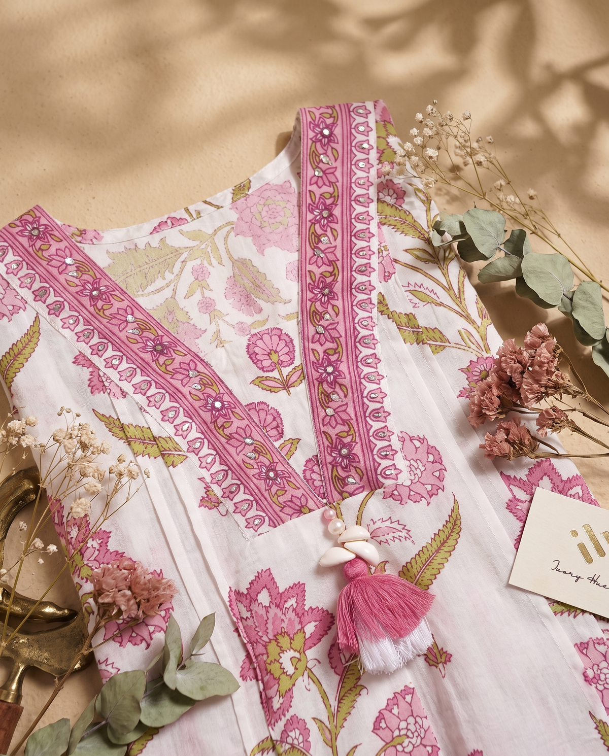 Malhar Megh — white cotton suit with pink and green handblock prints — Ivory Hues, Indian ethnic wear Singapore