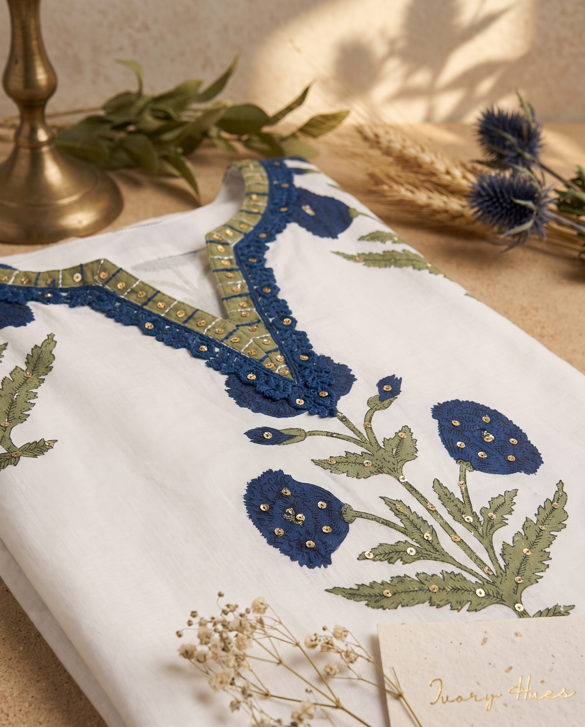 Malhar Sagar — white cotton suit set with Mughal handblock butta prints — Ivory Hues, Indian ethnic wear Singapore