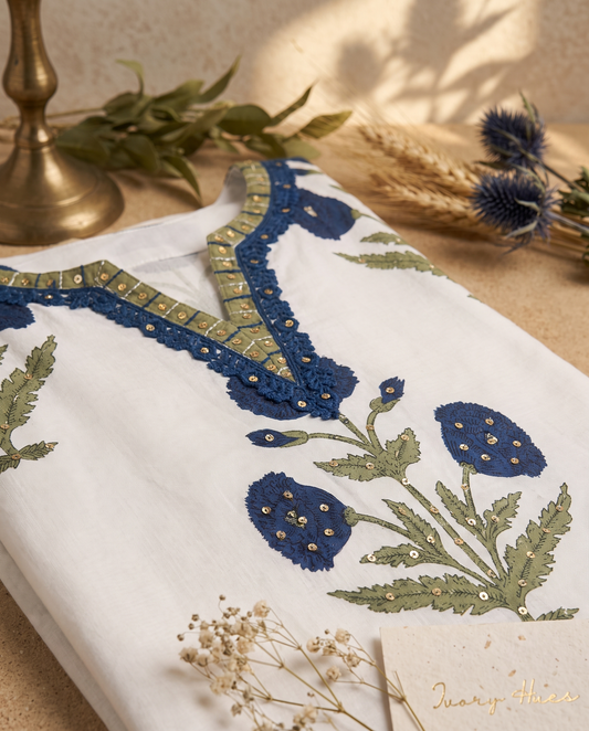 Malhar Sagar — white cotton suit set with Mughal handblock butta prints — Ivory Hues, Indian ethnic wear Singapore