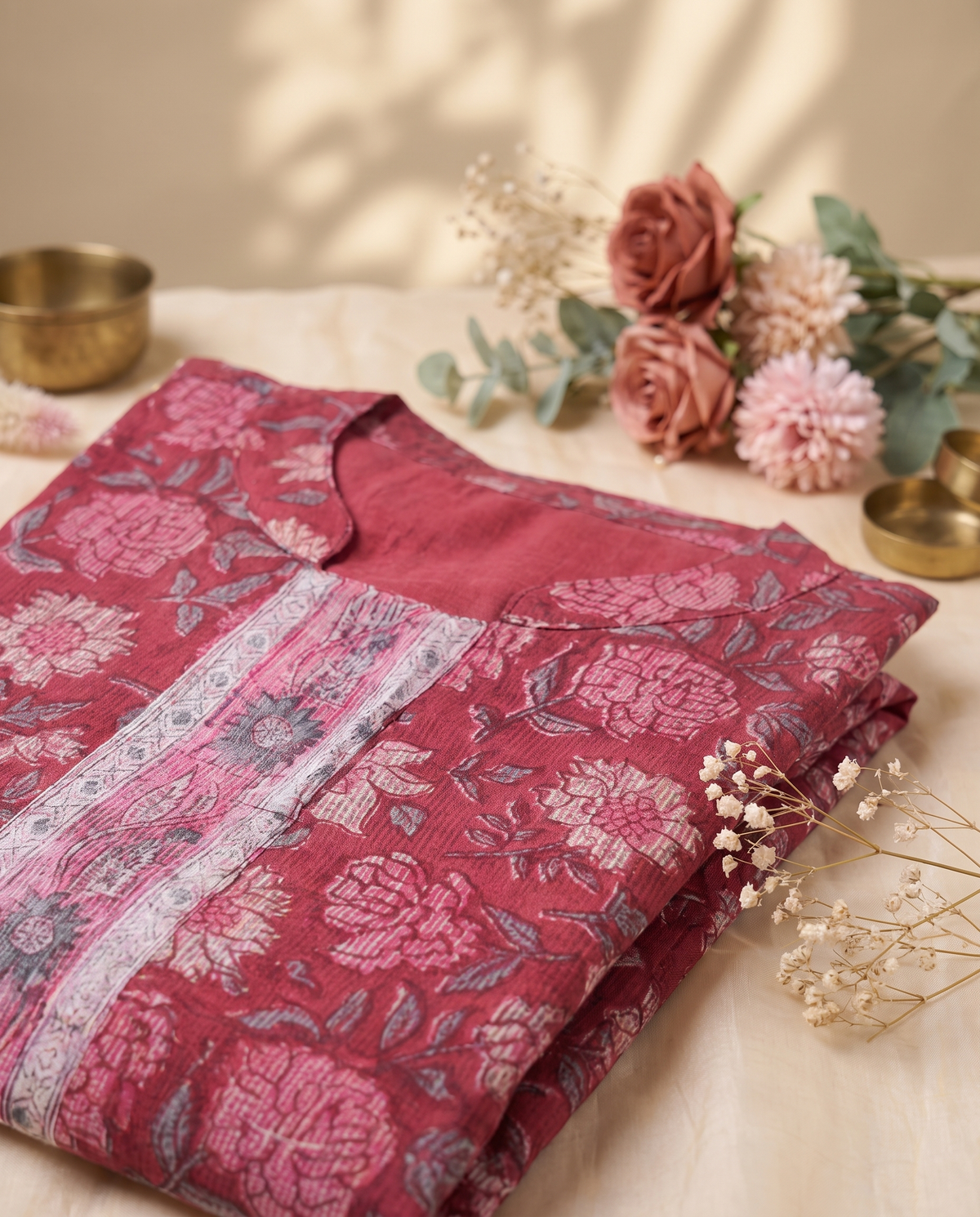 Kota Kainaat Ayra — maroon Kota doria suit with pink floral handblock print — Ivory Hues, Indian ethnic wear Singapore