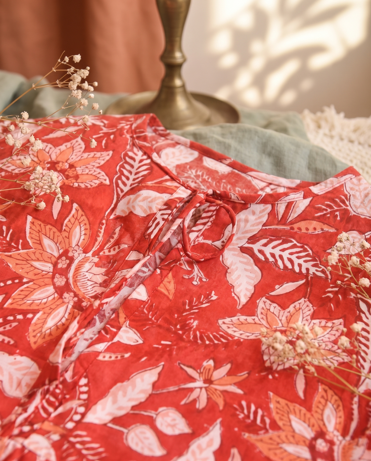 Leher Rangrez — red floral handblock-print dress with balloon sleeves — Ivory Hues, Indian ethnic wear Singapore