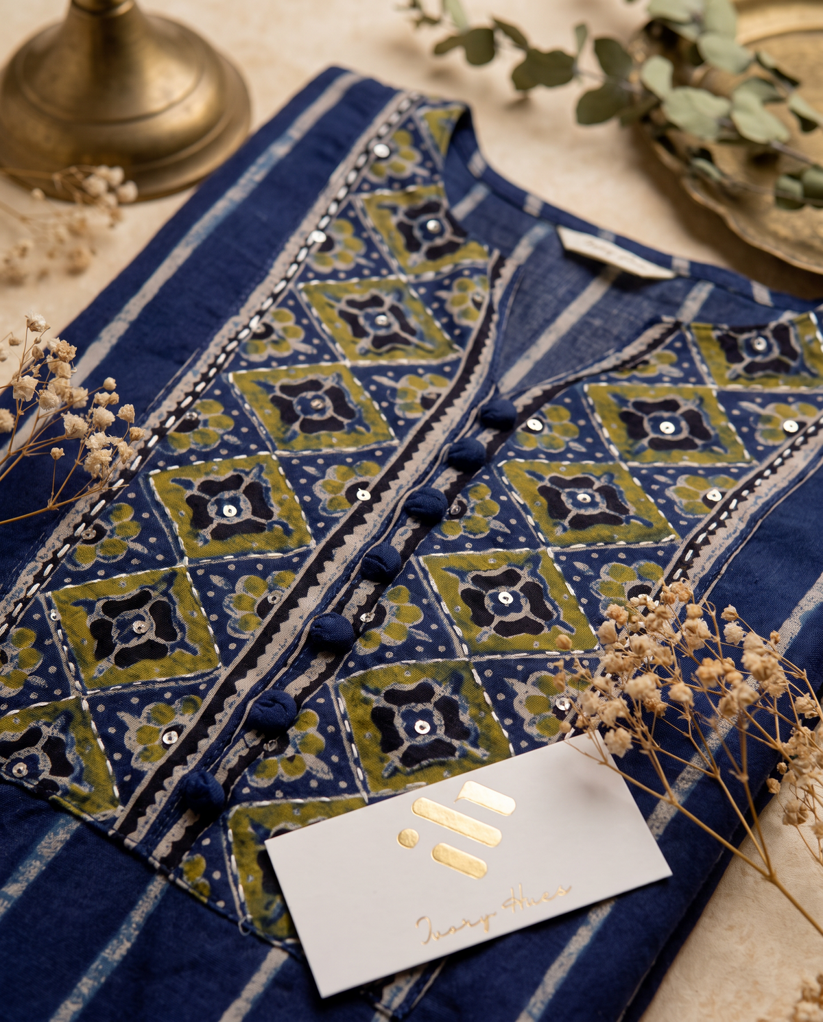 Anokhi Zariya — indigo striped cotton suit with Kota doria dupatta — Ivory Hues, Indian ethnic wear Singapore