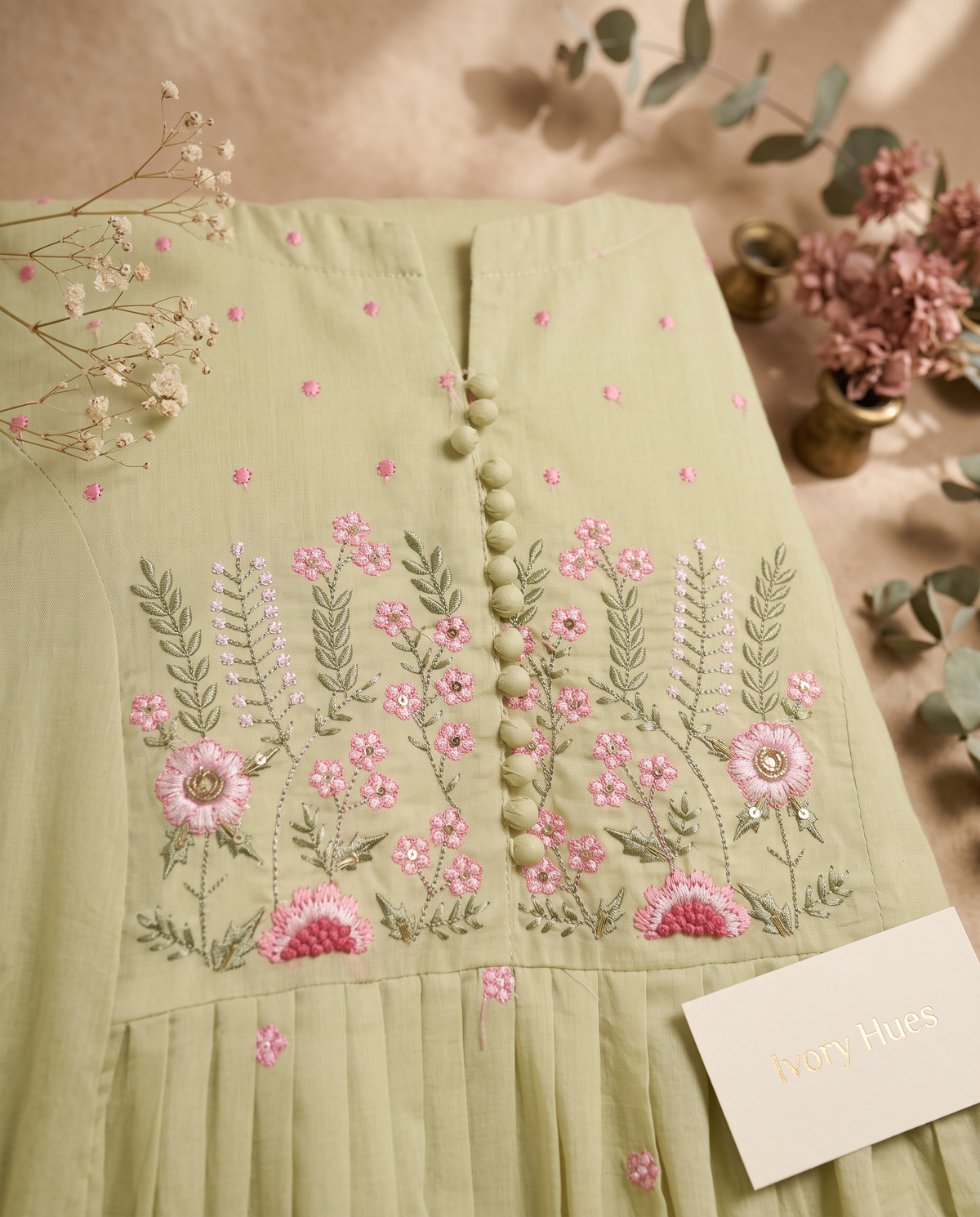 Anokhi Rimjhim — pista green mul cotton suit with embroidered yoke — Ivory Hues, Indian ethnic wear Singapore