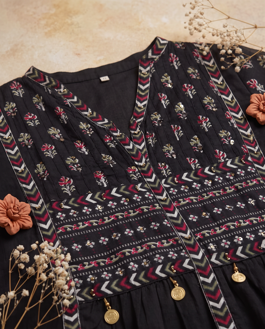 Anokhi Saanjh — black cotton suit with angrakha silhouette and handblock print — Ivory Hues, Indian ethnic wear Singapore