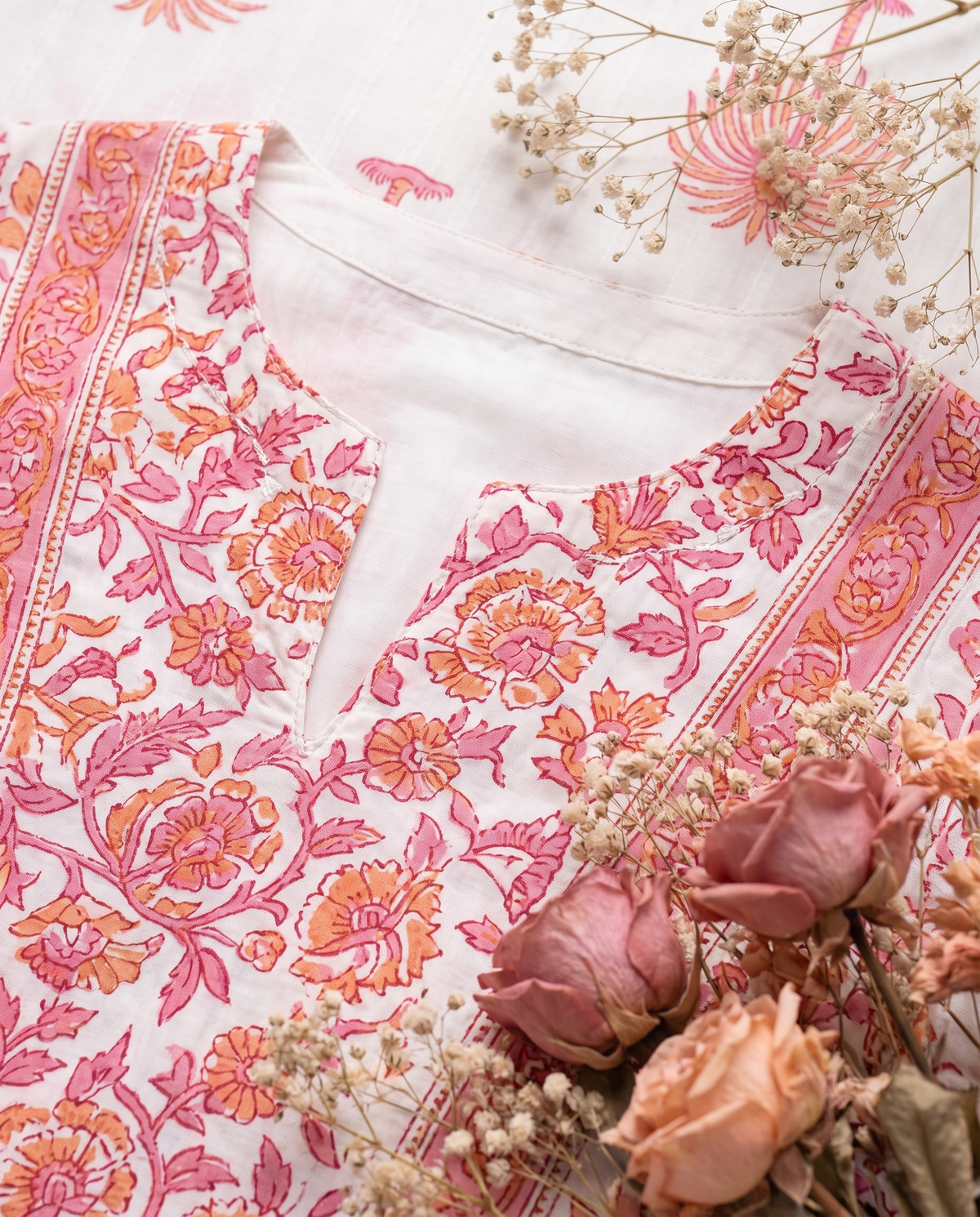 Malhar Ras — white cotton suit with pink and peach floral handblock print — Ivory Hues, Indian ethnic wear Singapore