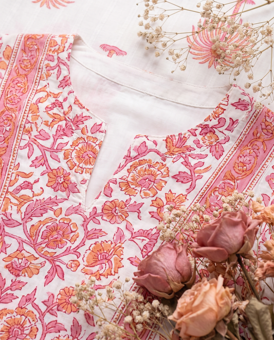 Malhar Ras — white cotton suit with pink and peach floral handblock print — Ivory Hues, Indian ethnic wear Singapore