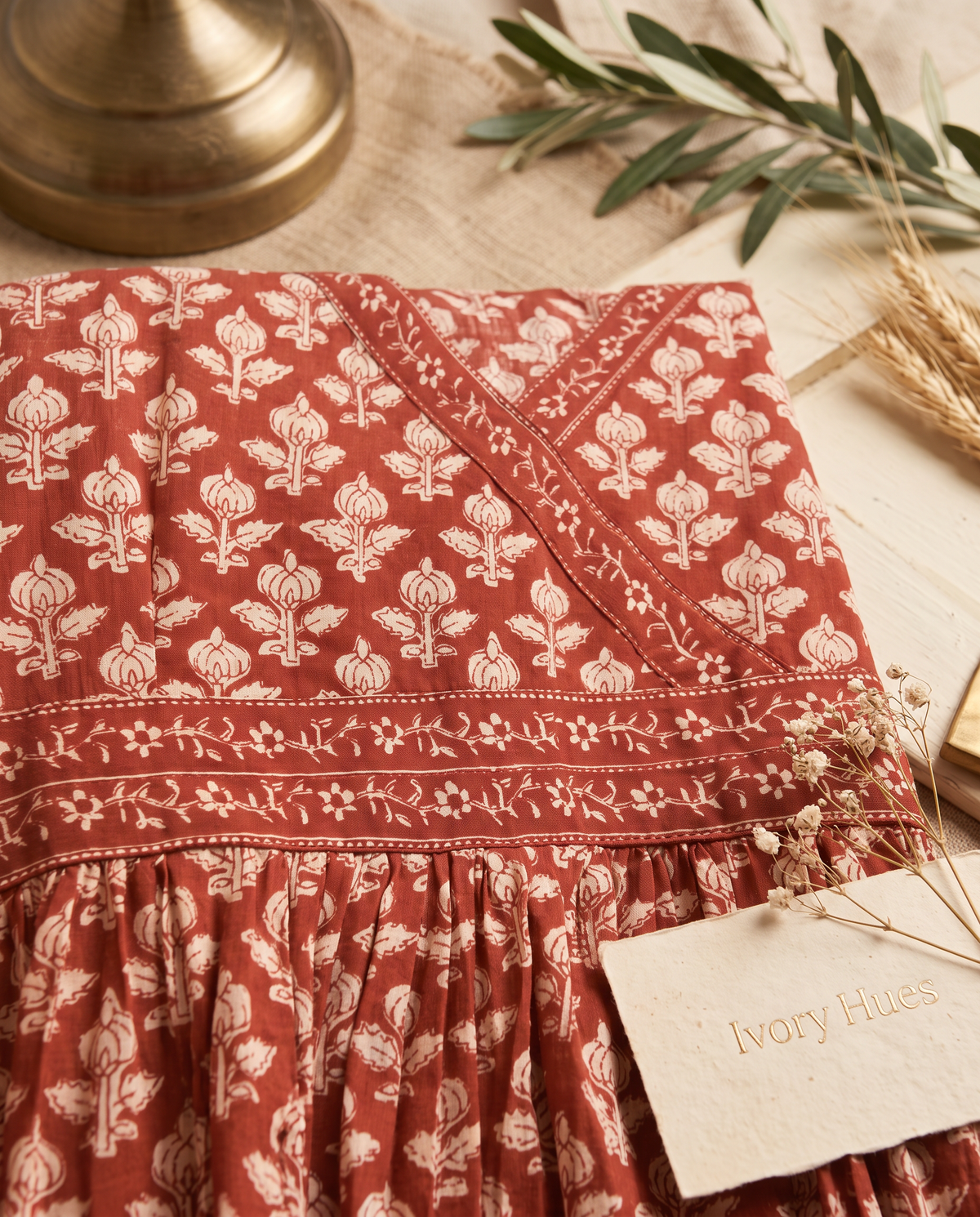 Leher Ayat (Red) — red and beige handblock-print dress, empire-line silhouette — Ivory Hues, Indian ethnic wear Singapore