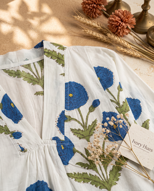 Fiza 3.0 Dark Blue Poppy — dark blue poppy-print cotton dress with V-neckline — Ivory Hues, Indian ethnic wear Singapore
