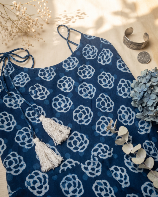 Twilight Indigo Tie Up Dress — indigo tie-up dress with floral motif print — Ivory Hues, Indian ethnic wear Singapore