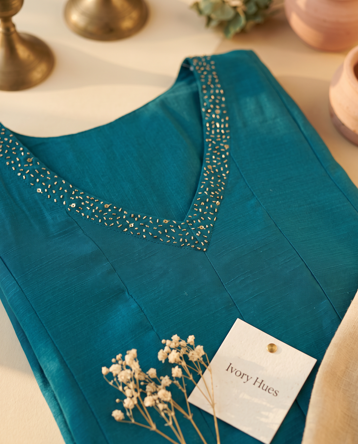 Noor Raaz — teal cotton silk suit with Anarkali silhouette and brocade shawl — Ivory Hues, Indian ethnic wear Singapore
