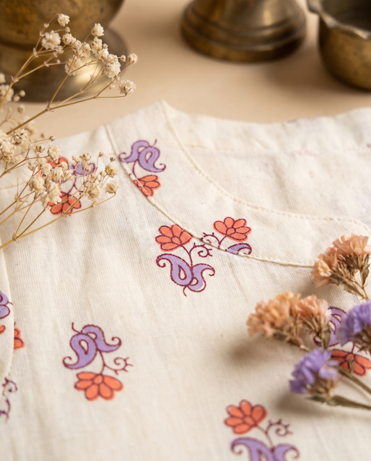 Meher Aira — off-white linen co-ord set with butta print and lace detailing — Ivory Hues, Indian ethnic wear Singapore