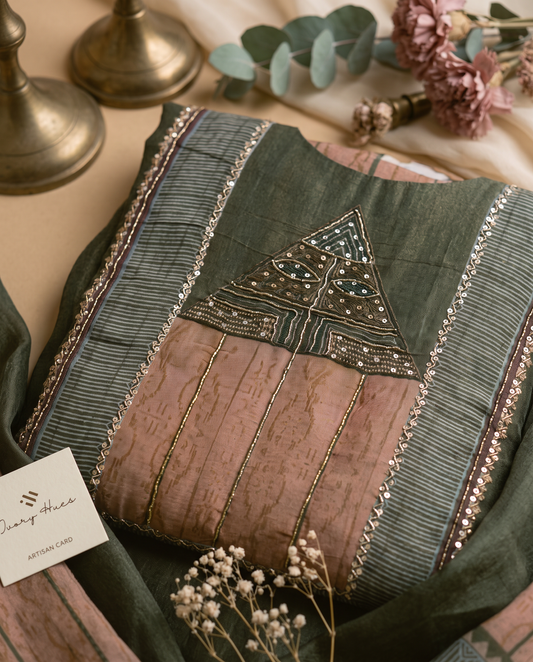 Noor Jhalak — mehendi green soft silk suit with printed top — Ivory Hues, Indian ethnic wear Singapore