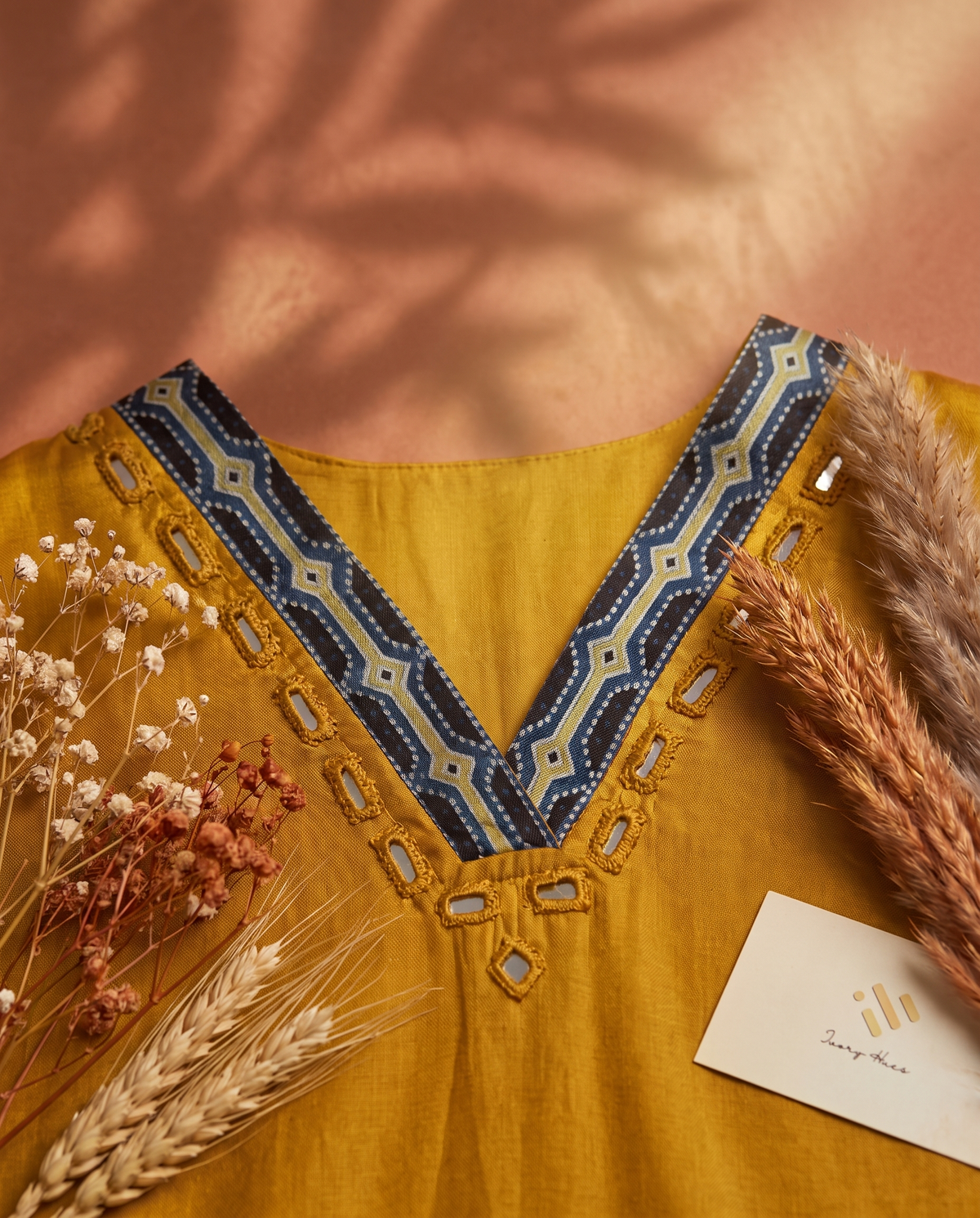 Gulmarg Tarang — yellow gajji silk kurti with mirror-work neckline — Ivory Hues, Indian ethnic wear Singapore