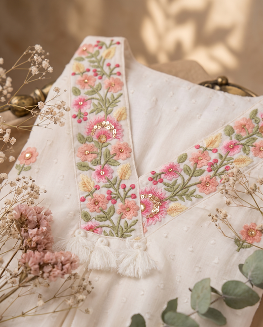 Anokhi Saundarya — off-white cotton suit with colorful embroidery — Ivory Hues, Indian ethnic wear Singapore