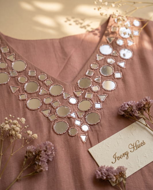 Noor Haseen — dusty mauve crepe suit with mirror work and beaded tassels — Ivory Hues, Indian ethnic wear Singapore