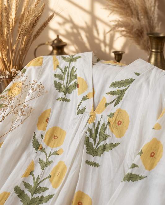 Fiza 3.0 Yellow Poppy — yellow poppy-print cotton dress with V-neckline and pockets — Ivory Hues, Indian ethnic wear Singapore