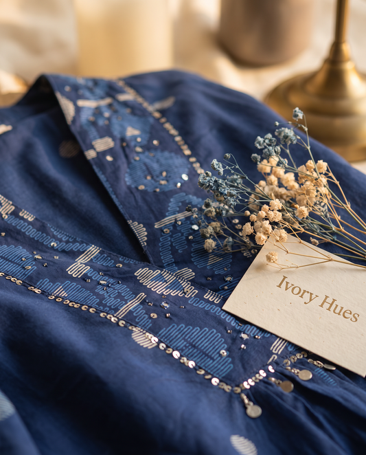 Anokhi Neelima — navy blue cotton suit with butta prints and palazzo pants — Ivory Hues, Indian ethnic wear Singapore
