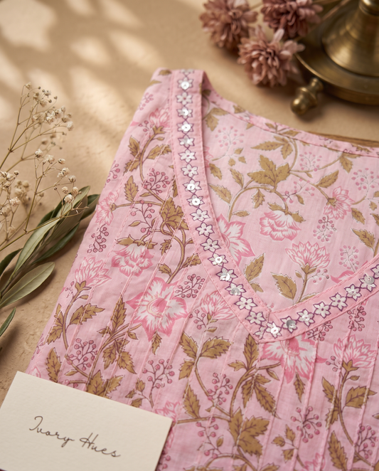 Anokhi Rang — pastel pink suit with Jaipuri prints and pintuck panel — Ivory Hues, Indian ethnic wear Singapore