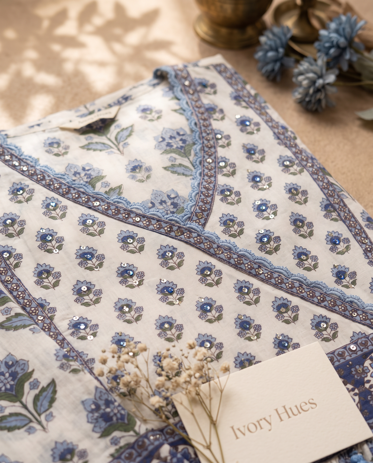 Malhar Roop — cotton suit with handblock print and beaded tassel yoke — Ivory Hues, Indian ethnic wear Singapore