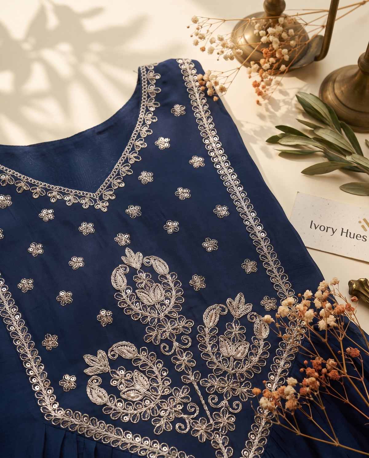 Noor Amara — navy blue mul Chanderi suit with embroidered neckline — Ivory Hues, Indian ethnic wear Singapore