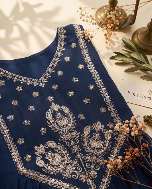 Noor Amara — navy blue mul Chanderi suit with embroidered neckline — Ivory Hues, Indian ethnic wear Singapore