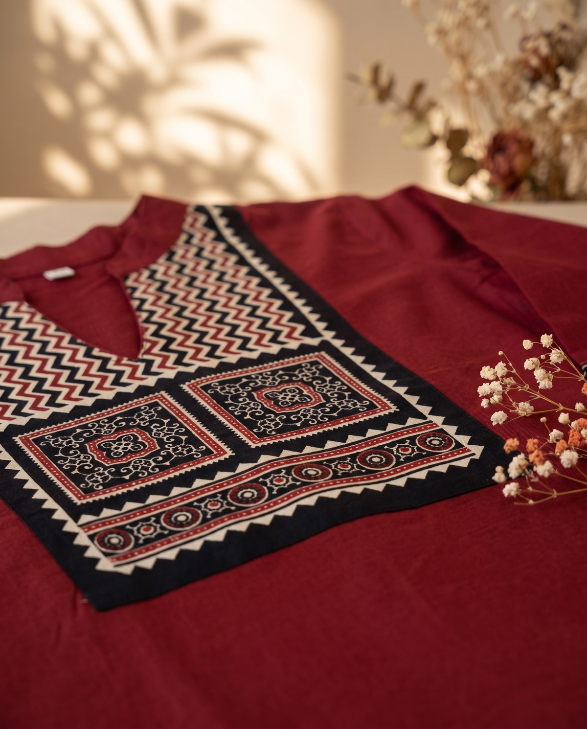 Anokhi Suvarna — deep red cotton suit with black handblock-print yoke — Ivory Hues, Indian ethnic wear Singapore