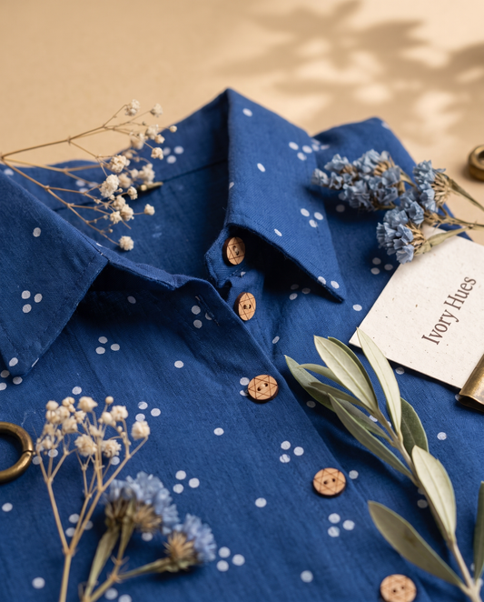 Indigo Tales Ruh — indigo blue co-ord set with white polka-dot print — Ivory Hues, Indian ethnic wear Singapore