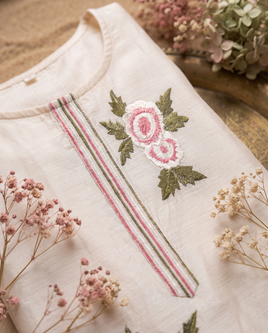 Pichakam — ivory Chanderi suit with pink and white floral thread embroidery — Ivory Hues, Indian ethnic wear Singapore