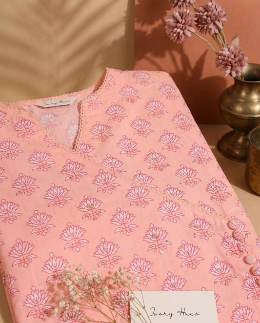Gulmarg Rukh — peach angrakha kurti with handblock print and potli buttons — Ivory Hues, Indian ethnic wear Singapore