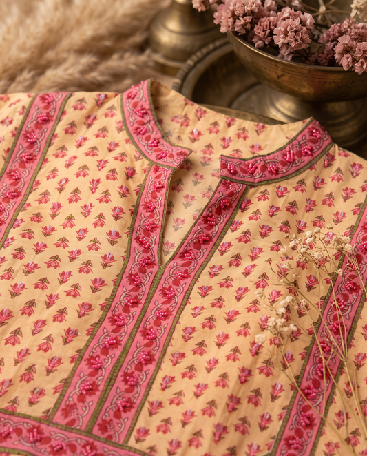Anokhi Vanya — pastel yellow cotton suit with floral handblock prints — Ivory Hues, Indian ethnic wear Singapore