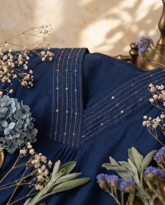 Noor Nazaraa — navy blue mul Chanderi suit with embellished A-line silhouette — Ivory Hues, Indian ethnic wear Singapore
