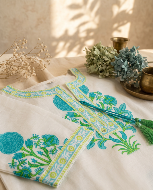 Malhar Saawan — white cotton suit with blue and green Mughal handblock prints — Ivory Hues, Indian ethnic wear Singapore