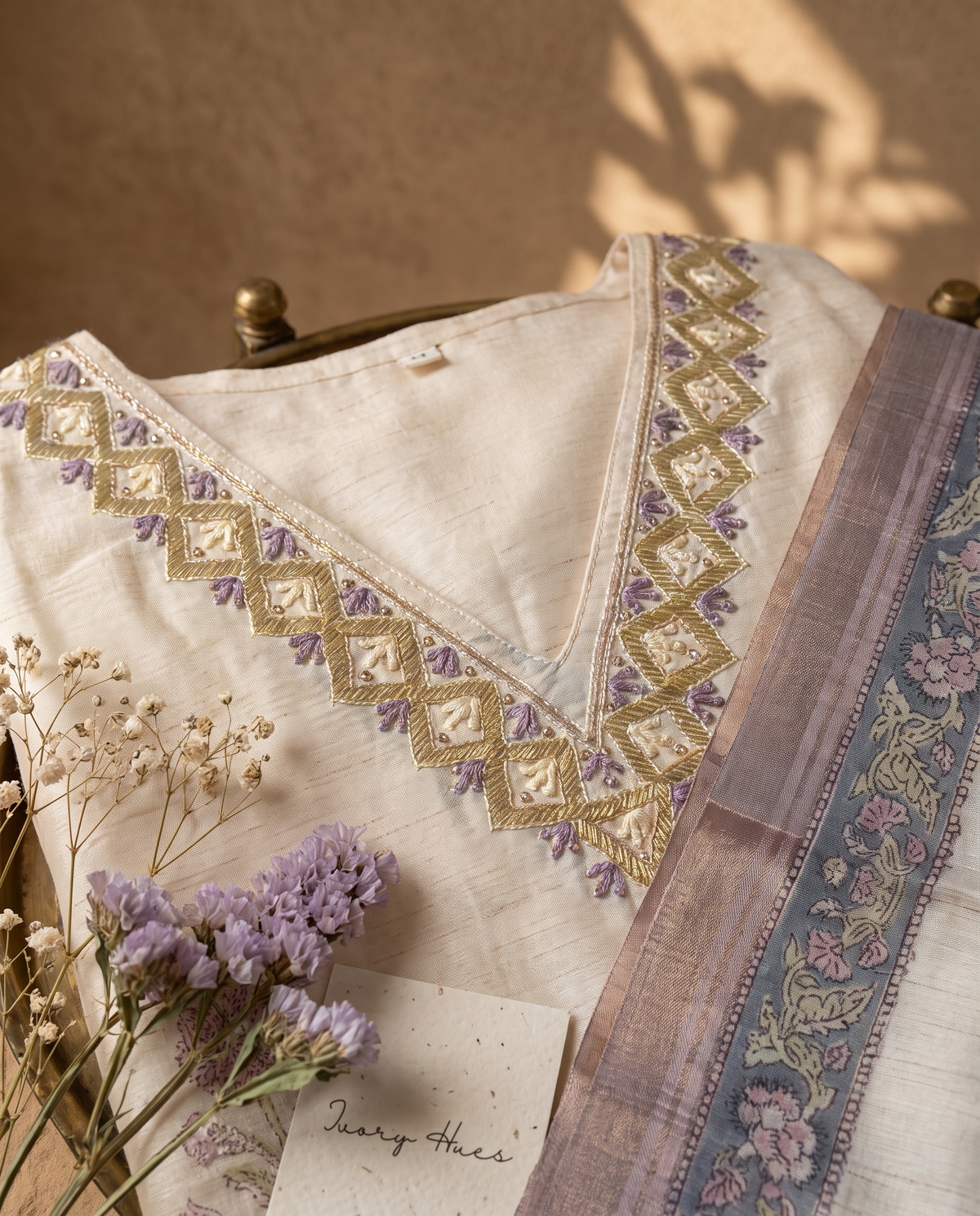 Leela Taara — ivory semi-Tussar suit with lilac Mughal handblock print — Ivory Hues, Indian ethnic wear Singapore