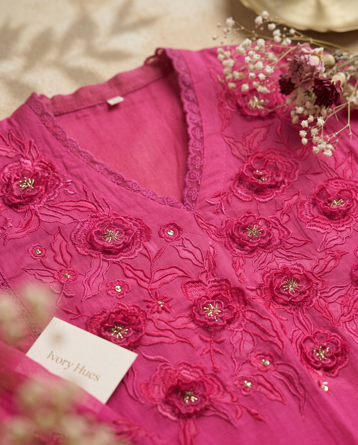Anokhi Nazaakat — pink crinkle cotton suit with tone-on-tone floral embroidery — Ivory Hues, Indian ethnic wear Singapore