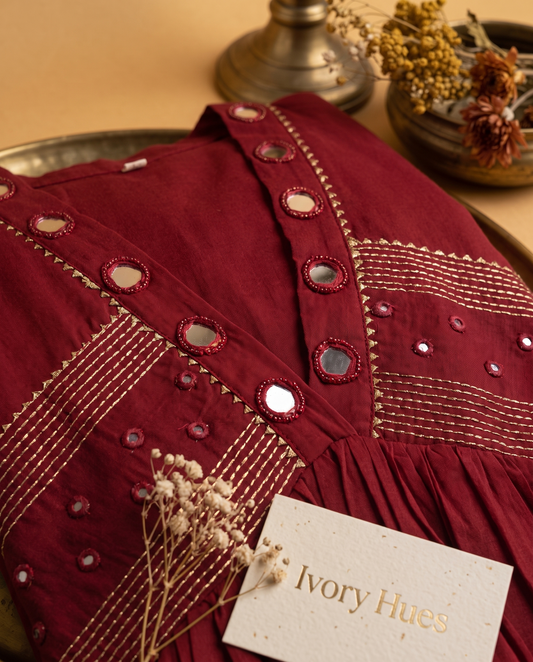Anokhi Indira — red cotton suit set with mirror and lace neckline detail — Ivory Hues, Indian ethnic wear Singapore