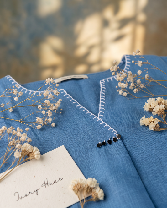 Meher Aabha — blue slub cotton co-ord set with flamingo embroidery — Ivory Hues, Indian ethnic wear Singapore