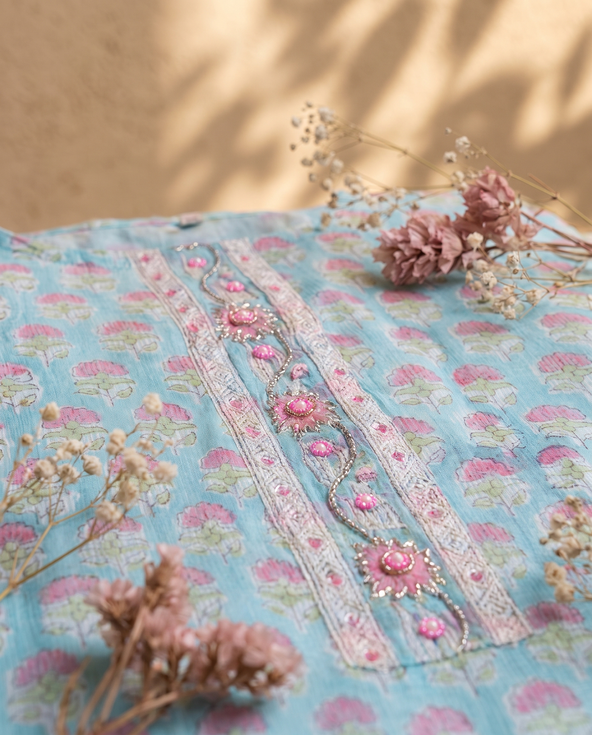 Kota Kainaat Mishti — baby blue and pink Kota Doria suit with floral prints — Ivory Hues, Indian ethnic wear Singapore