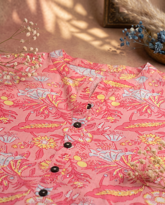 Gulmarg Phool — pink cotton kurti with floral handblock print — Ivory Hues, Indian ethnic wear Singapore