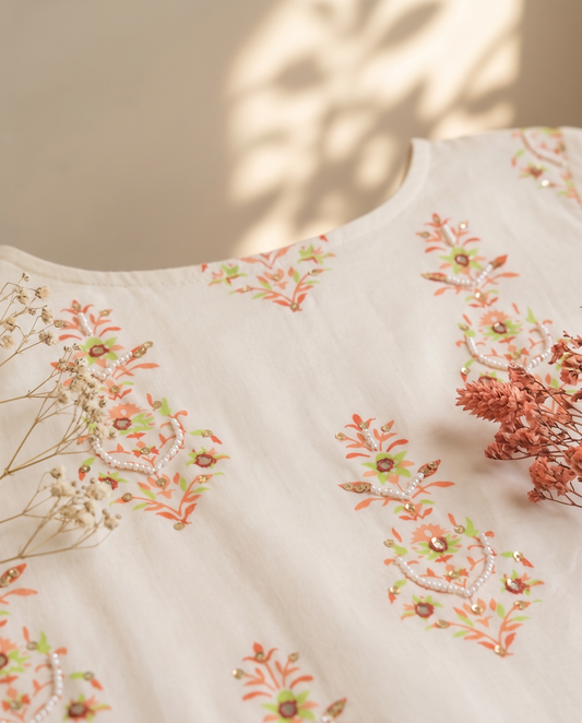 Leher Nargis — cotton jumpsuit with orange handblock print and waist belt — Ivory Hues, Indian ethnic wear Singapore
