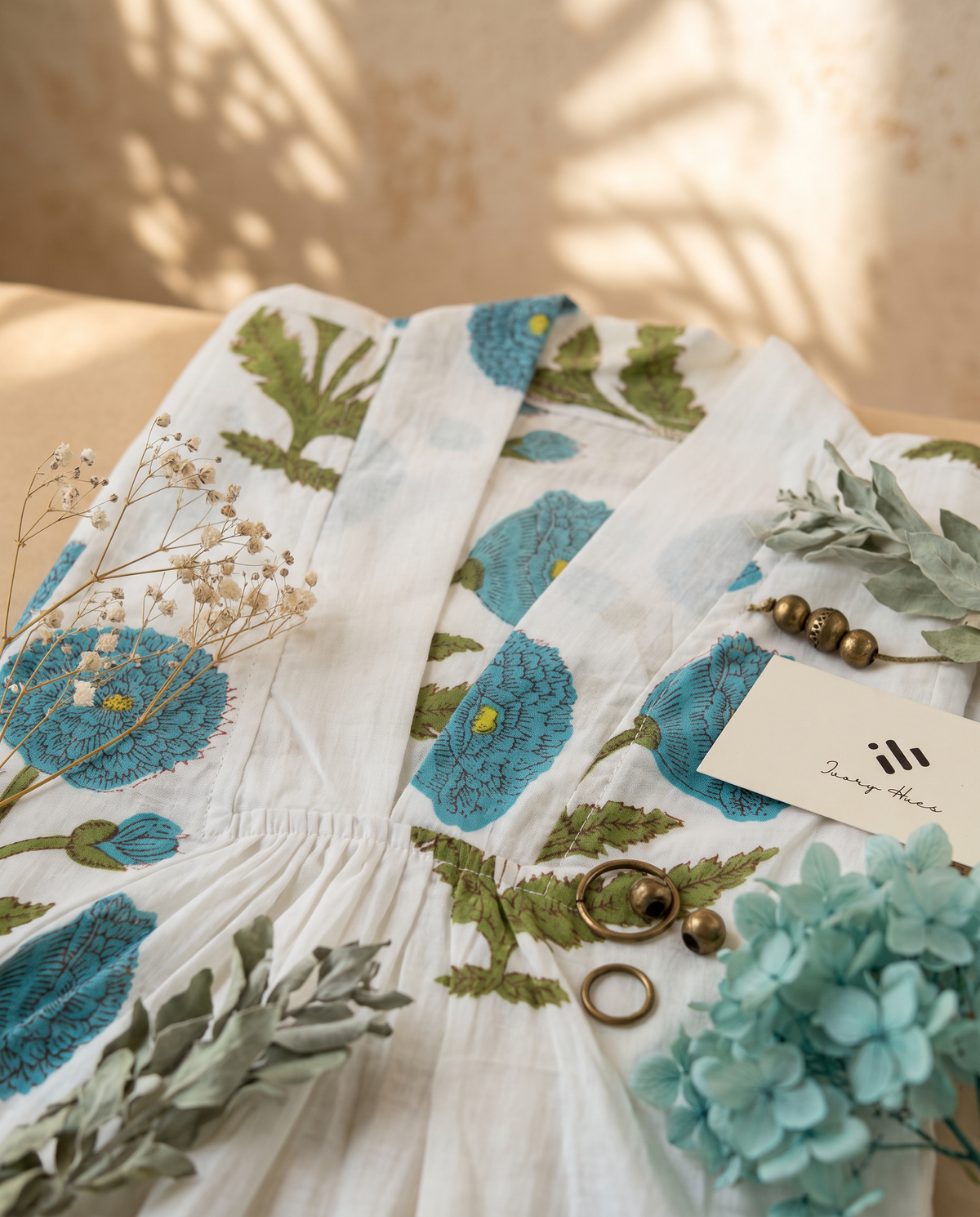 Fiza — white cotton dress with Mughal poppy floral handblock print — Ivory Hues, Indian ethnic wear Singapore