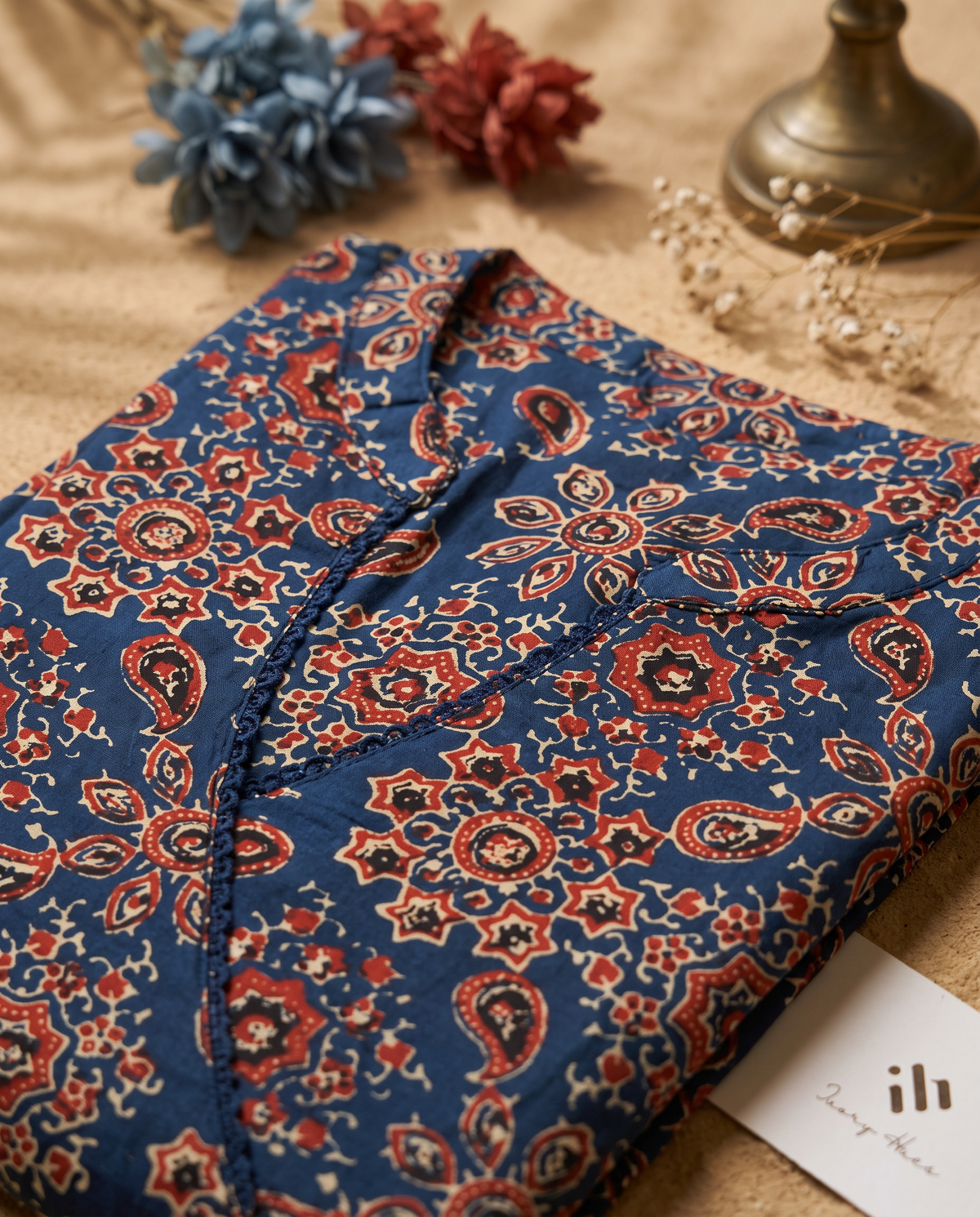 Gulmarg Haseen — navy blue angrakha kurti with Kalamkari print — Ivory Hues, Indian ethnic wear Singapore