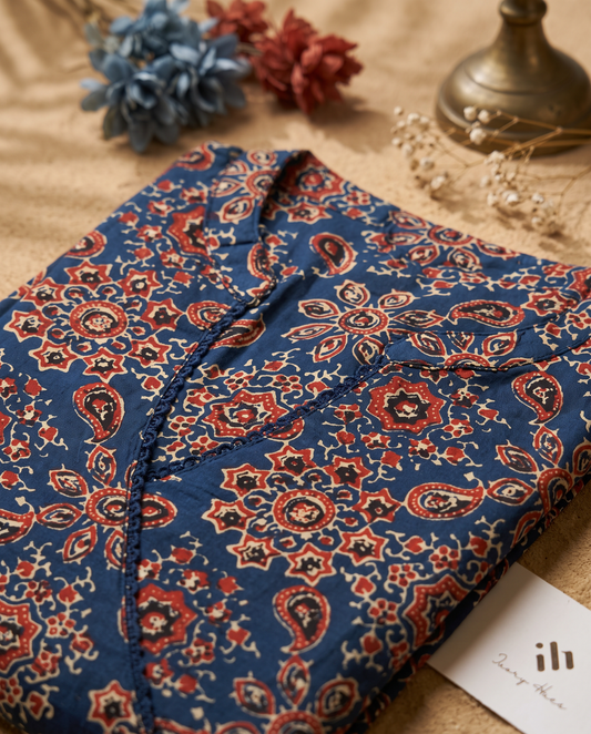 Gulmarg Haseen — navy blue angrakha kurti with Kalamkari print — Ivory Hues, Indian ethnic wear Singapore